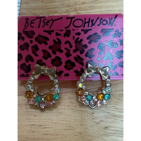 Betsey Johnson Wreath Earrings With Multicolor Crystals & Gold Bow Design Pierce - Picture 5 of 7